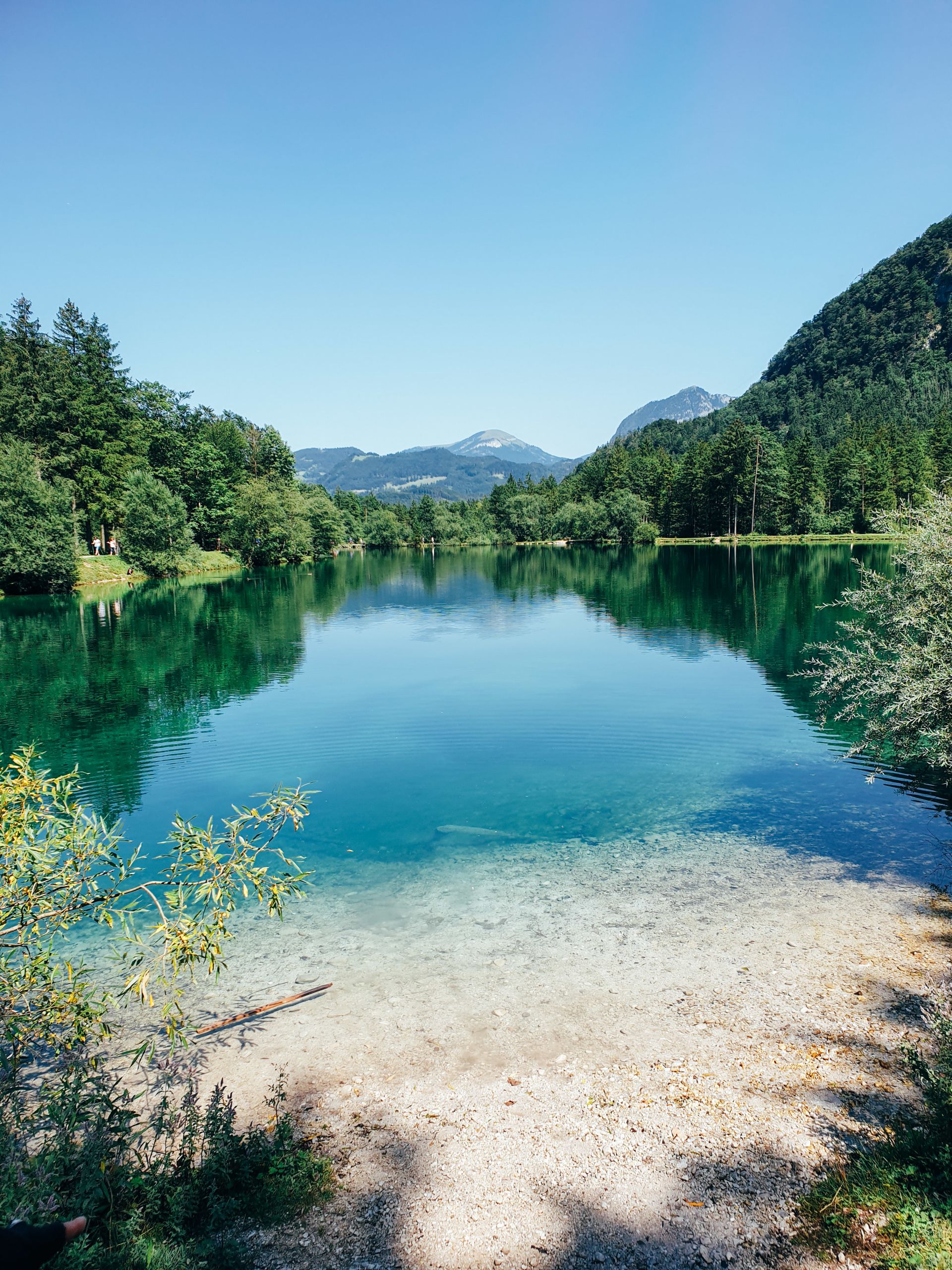 Paesaggio con lago alpino circondato da foreste in Carinzia, Austria.